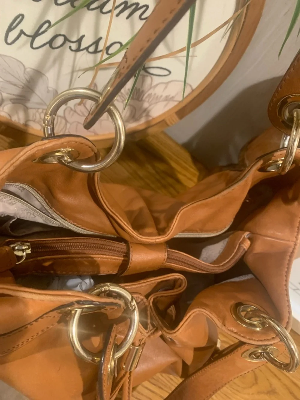 Michael Kors Ludlow Cognac Leather Drawstring Shoulder Bag with Gold Accents - Picture 8 of 16